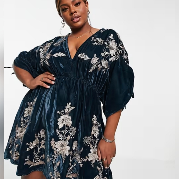 ASOS Curve Dresses & Skirts - ASOS Design Curve Embroidered Navy Velvet Dress